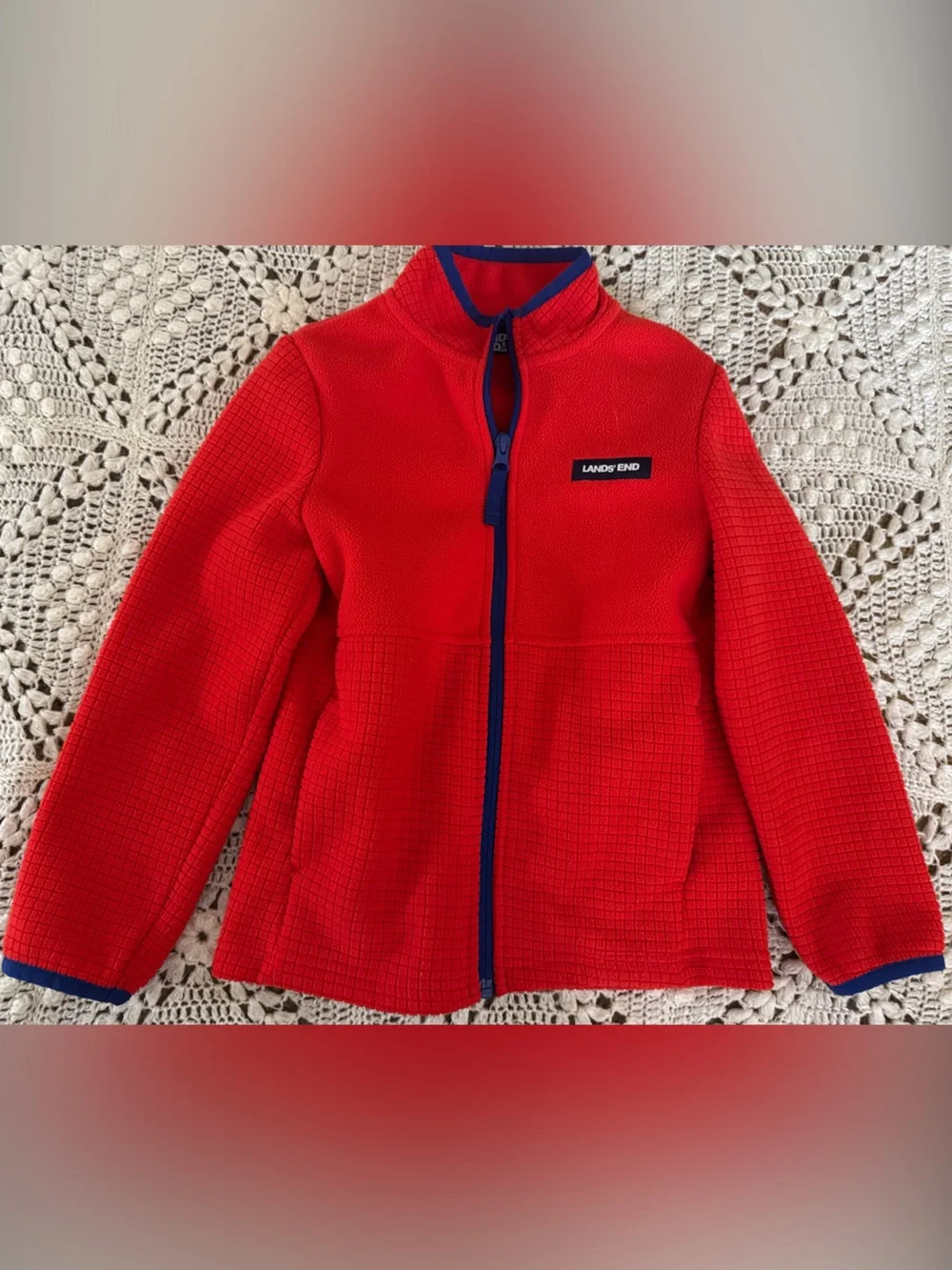 Lands' End Red Full-Zip Fleece with Blue Accents